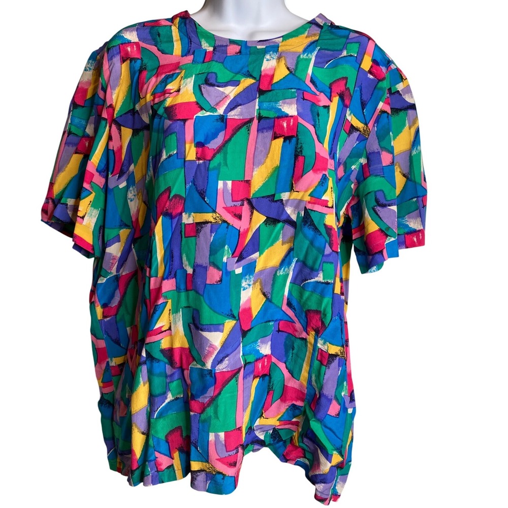 Vintage Casual Corner Womens Silk Blouse Sz M Short Sleeve Pop Art Maximalist